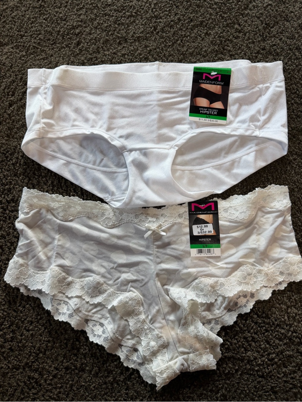 Maidenform White Hipster & White Lace Hipster Panty Set sz Lg/7